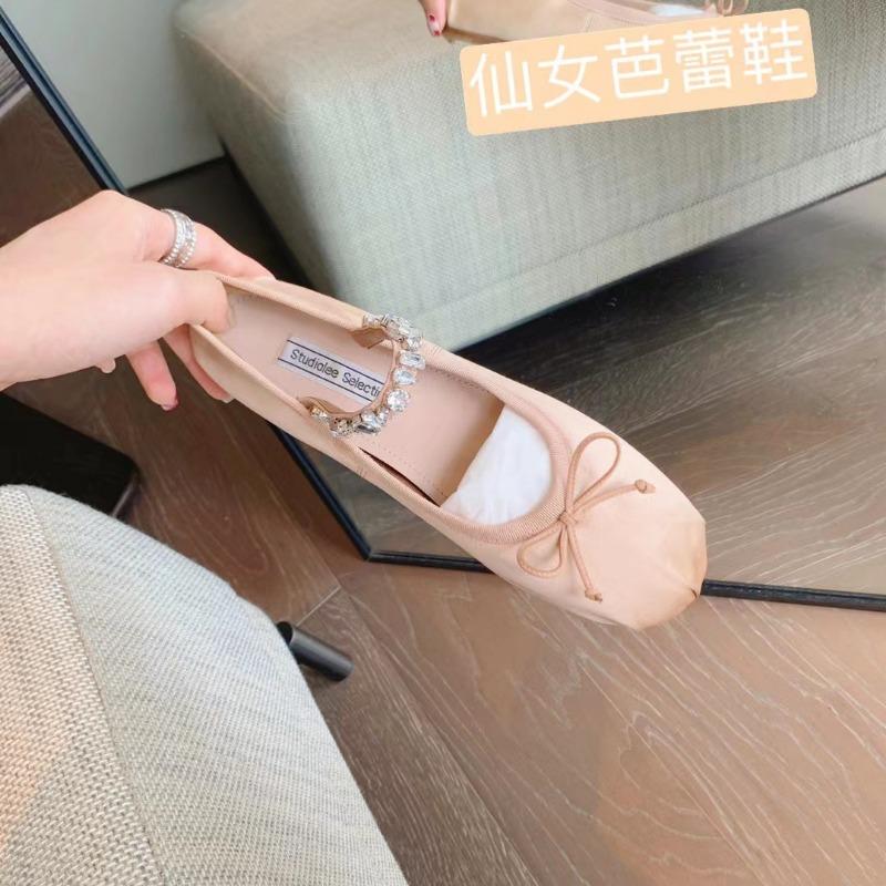Rhinestone with bow round head flat-bottomed ballet shoes women's Mary Jane shoes