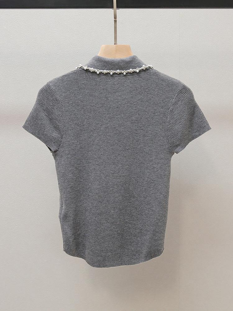 Nanyou Women's Autumn New Fragrant Style Beaded Turn-Down Collar Slim-Fit Knitted Sweater