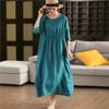 Johnature Women Vintage Solid Color Dress O-Neck Half Sleeve Summer Loose Female Fold High Waist Dress