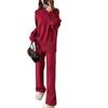 Semi-turtleneck knitted sweater wide-leg pants set women's solid color lazy wind large size loose sweater women's two-piece set