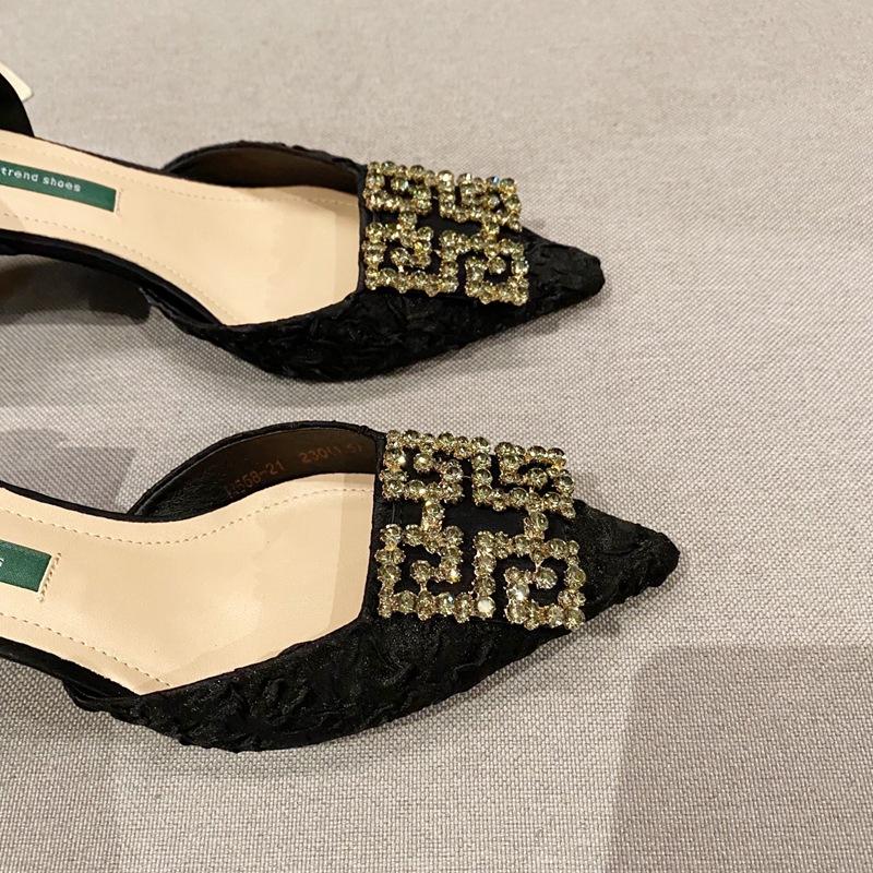 2025 spring new rhinestone square buckle single shoes women's satin versatile pointed high heels thin heel shallow mouth work shoes