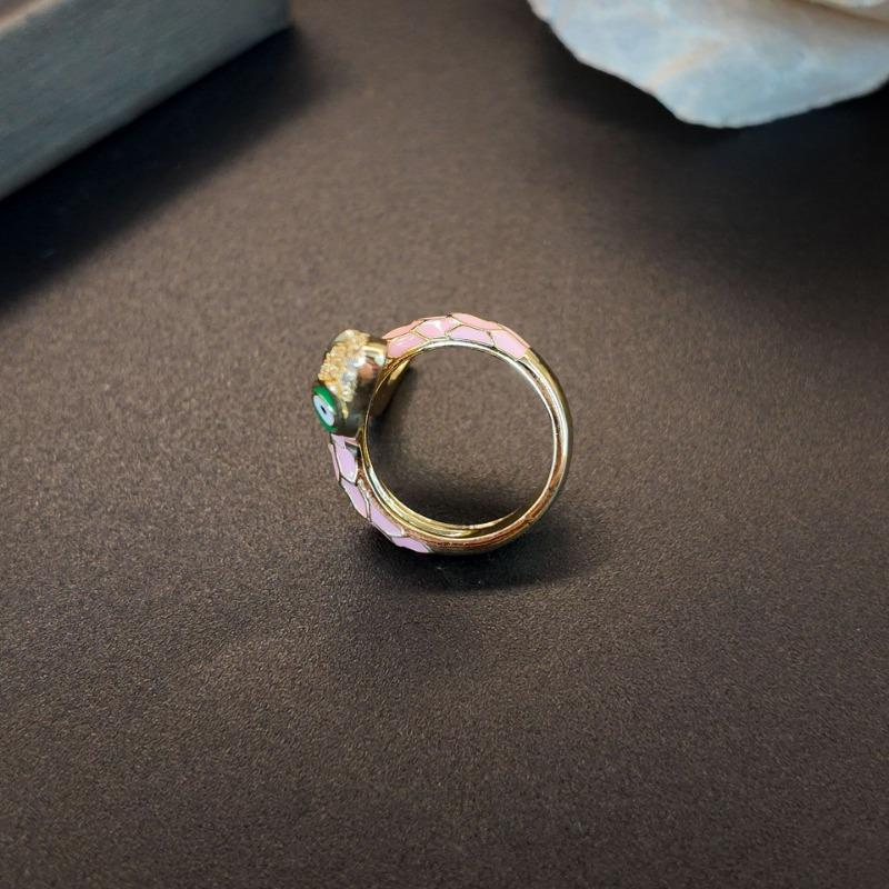 New Arrive Vintage Copper Inlaid Zircon Pink Enamel Relief Coiled Snake Statement Ring  M201
