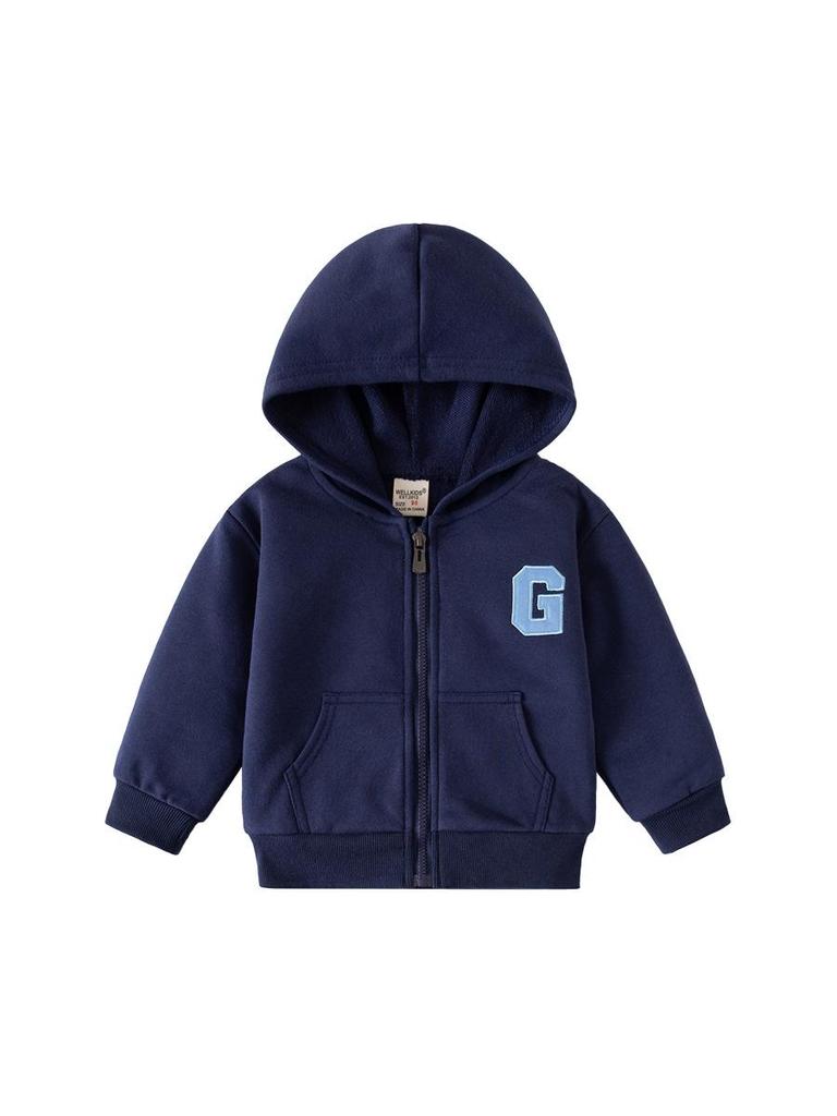 Kids' 2025 Hooded G Letter Zip-Up Jacket - Solid Color Korean Style Sweatshirt