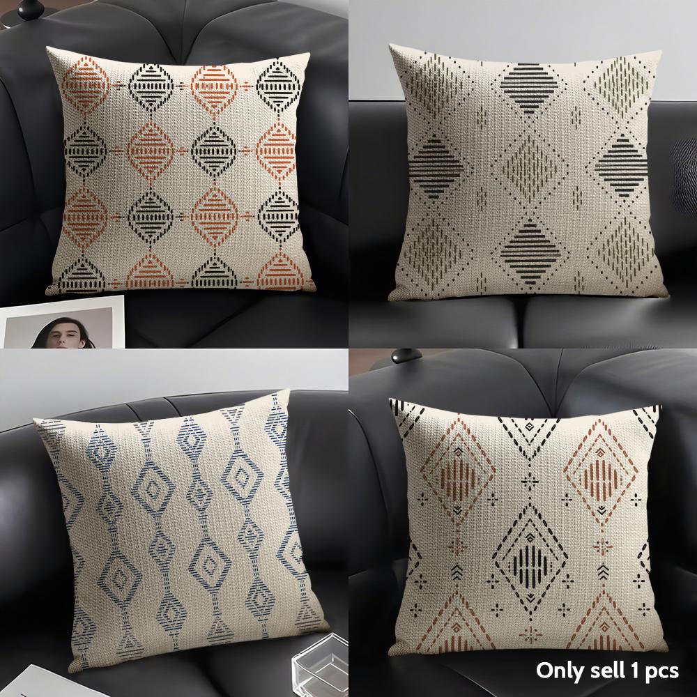 Boho Tribal Diamond Cushion Cover Durable Hypoallergenic Organic Linen Short Pillow Cover Washable