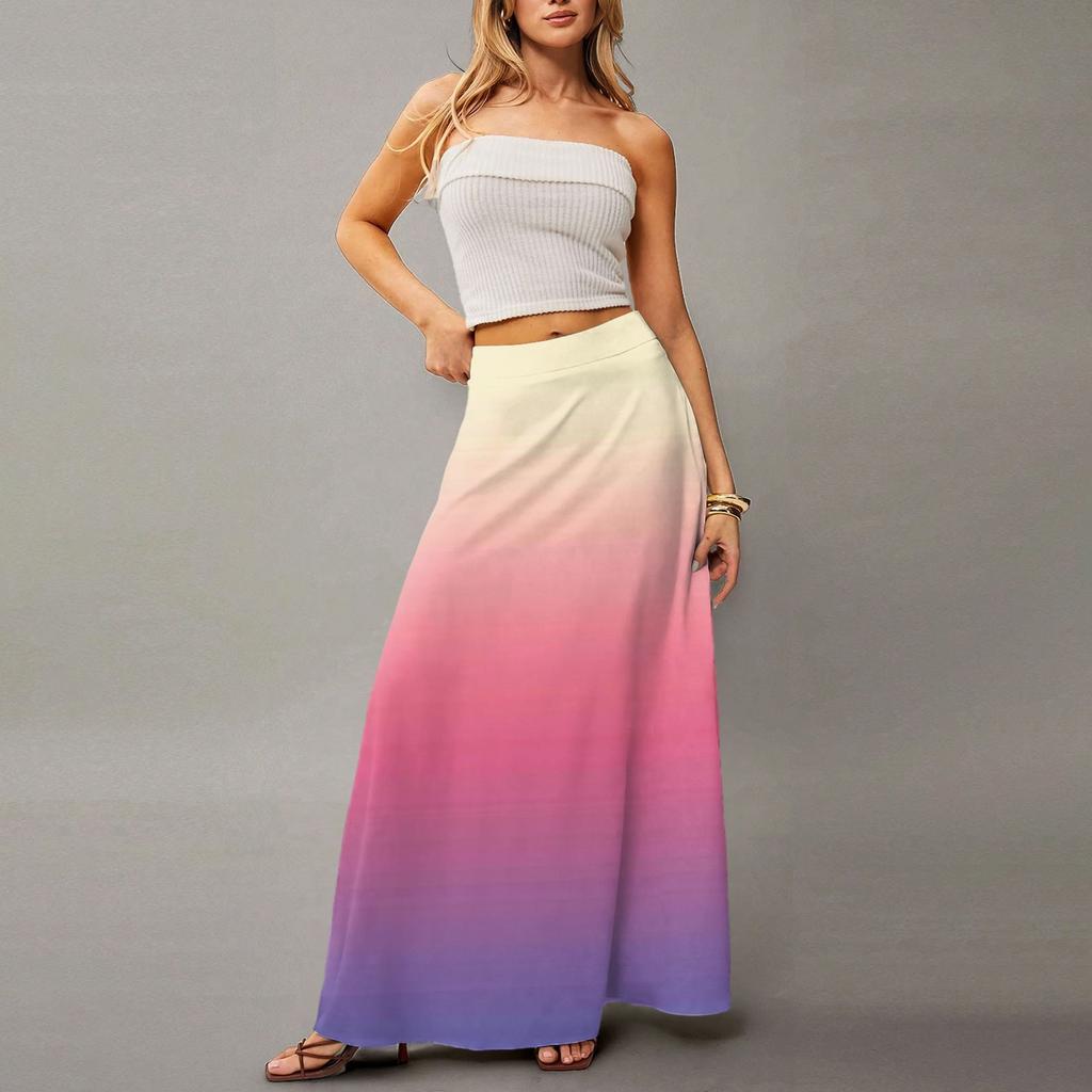 Damen Lässig Freizeit Faltbar Farbverlauf Druck Hohe Taille Mit Tasche Drapierter Entspannter Langer Maxi Rock