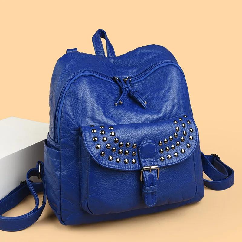 2025 Soft Leather Women Backpacks Rivet Multifunctional Shoulder Bags Female Retro Travel Teenage Girl Fashion Schoolbag