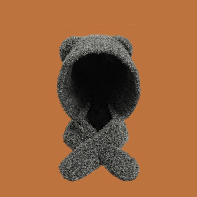 

Bear knitted hat women s autumn and winter warm oversized head circumference wool hat scarf integrated scarf ear hat winter Adjustable серый