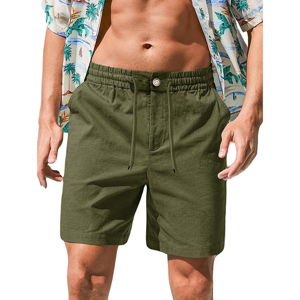 Mens Casual Linen Shorts Elastic Waist Drawstring Summer Beach Vacation Short