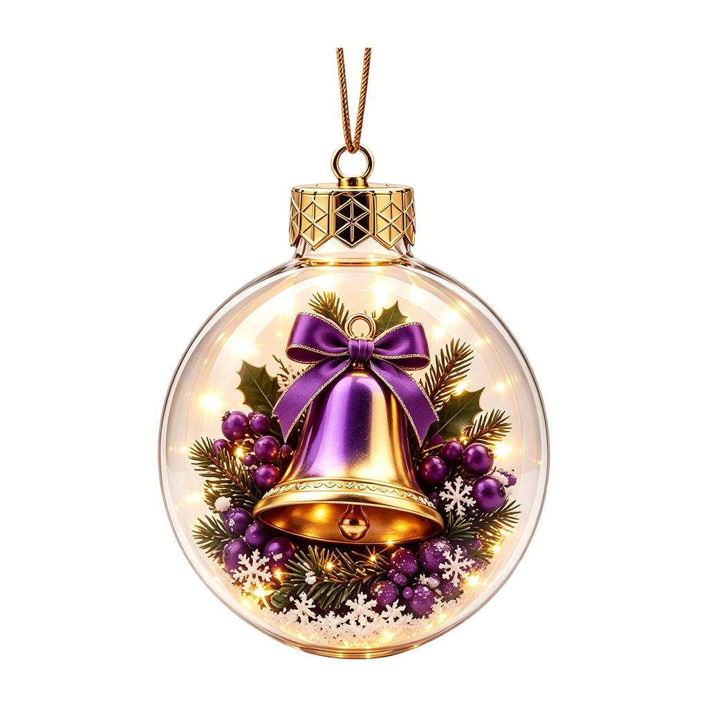 Purple 3D Christmas Tree Ornament with Warm Light, Transparent Ball with Christmas Scene, Festive Hanging Decoration for Christmas Tree