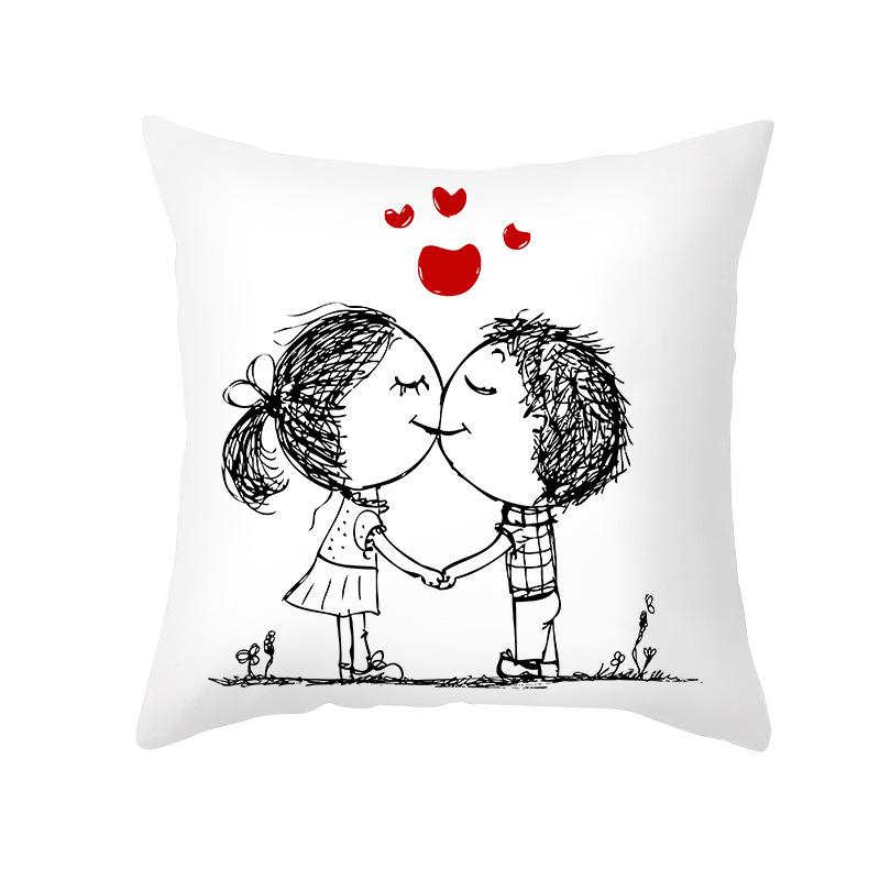Home Valentine's Day Pillow Case Peach Skin Print Couple Love Heart Sketch Pillow Cushion