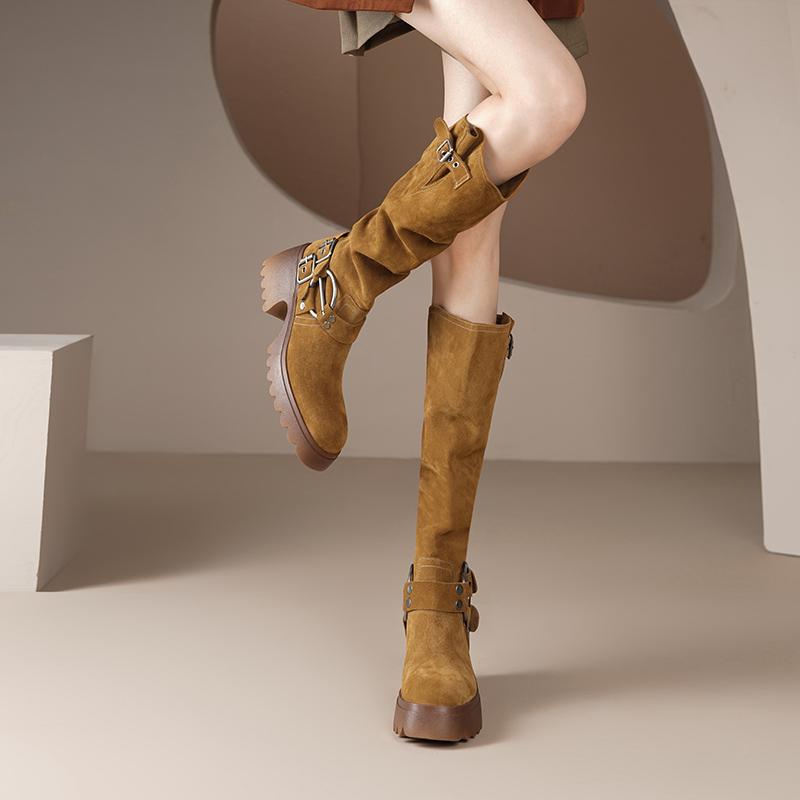 Fashion New Womens Retro Suede Boots Brown Belt Buckle Tall Boots Western Cowboy Boot Women's Boot Fashion Temperament Boots Botas Mujer
