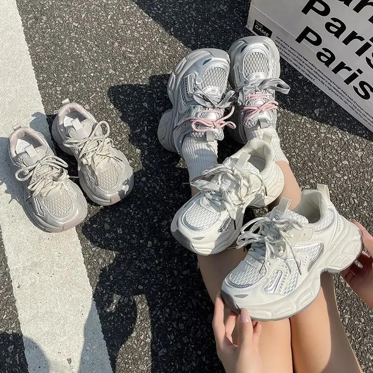 Fashion Double Lace Dad Shoes Women's Spring New Thick Bottom Heightening Mesh Breathable Casual Sports Shoes