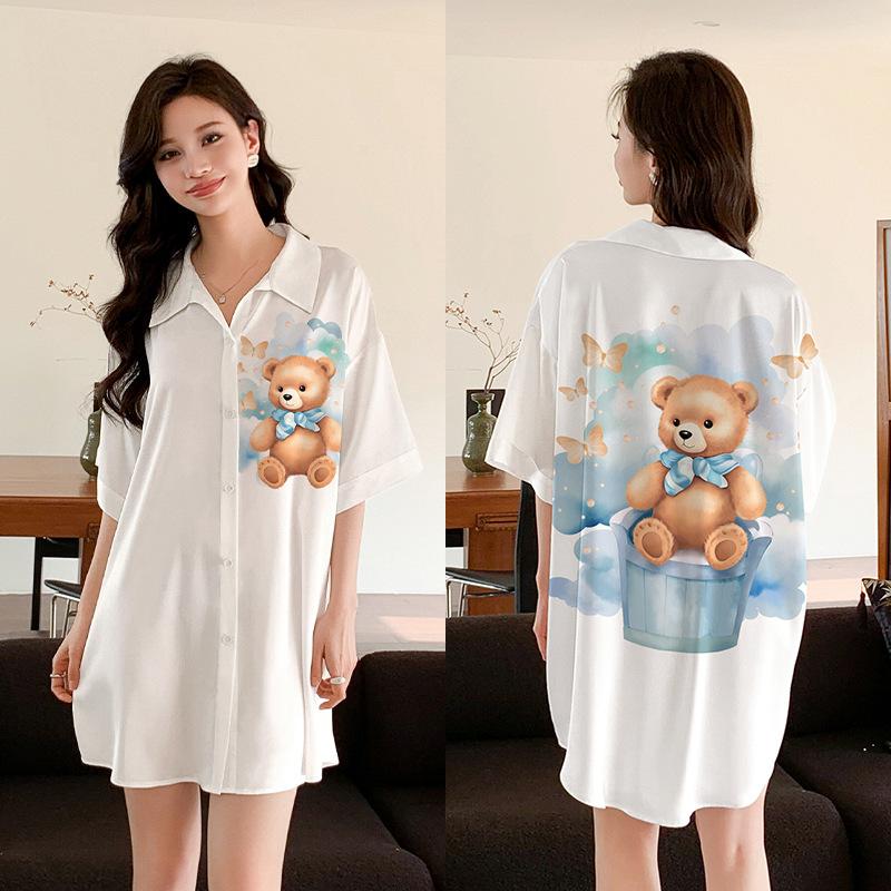 Ropa de Dormir Cómoda de Verano para Mujer Botones Delanteros Seda de Hielo Ropa para el Hogar Suelta Casual Estampada para Descansar