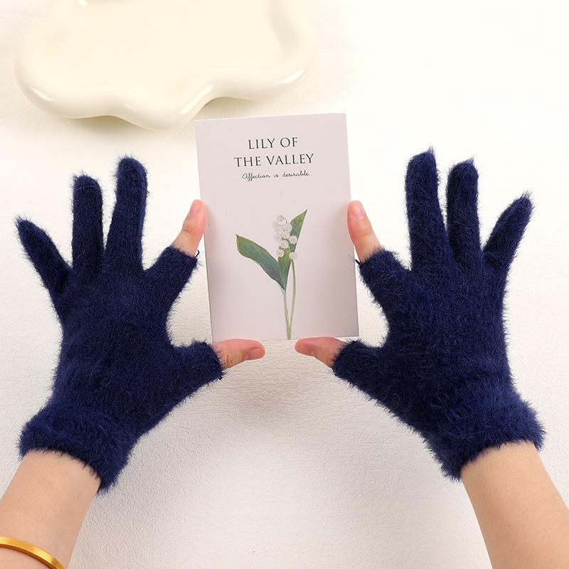 Touchscreen Fleece Gloves for Women Winter Warmth Student Finger-Exposing Gloves Outdoor Two-Half-Finger Thick Writing Gloves