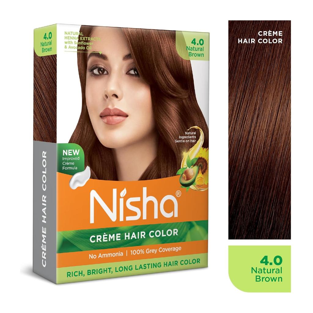 Nisha Crème Hair Color Natural Brown Pack of 6 6.67G | Permanent Grey Coverage Silky Shiny Hair Dye