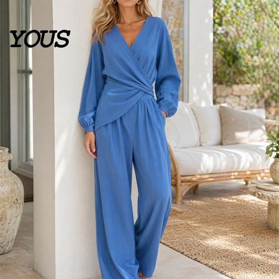 Women Two-piece Suit Women's Long Sleeve 2 Piece Sets, Irregular Hem V Neck Top Everyday Casual And Wide Leg Pants Matching Travel