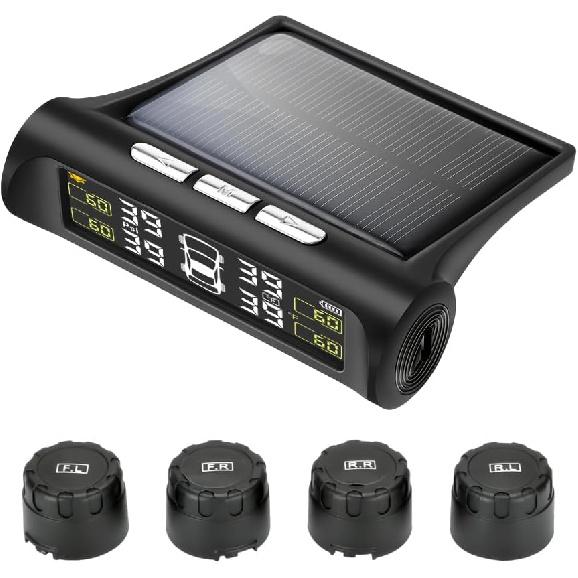 Tire Pressure Monitoring System - TPMS Tire Pressure Monitor System With Solar Charger, TPMS With 4 External Sensors & 5 Alarm Modes, LCD Real-Time