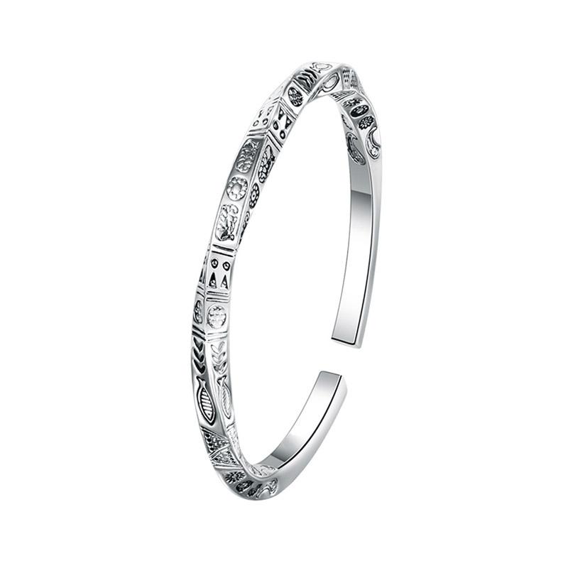 Silver Plated Vintage Peacock Lotus Bangle Sanskrit Buddhist Heart Sutra Women's Jewelry Gift for Ladies Fashionable Accessory