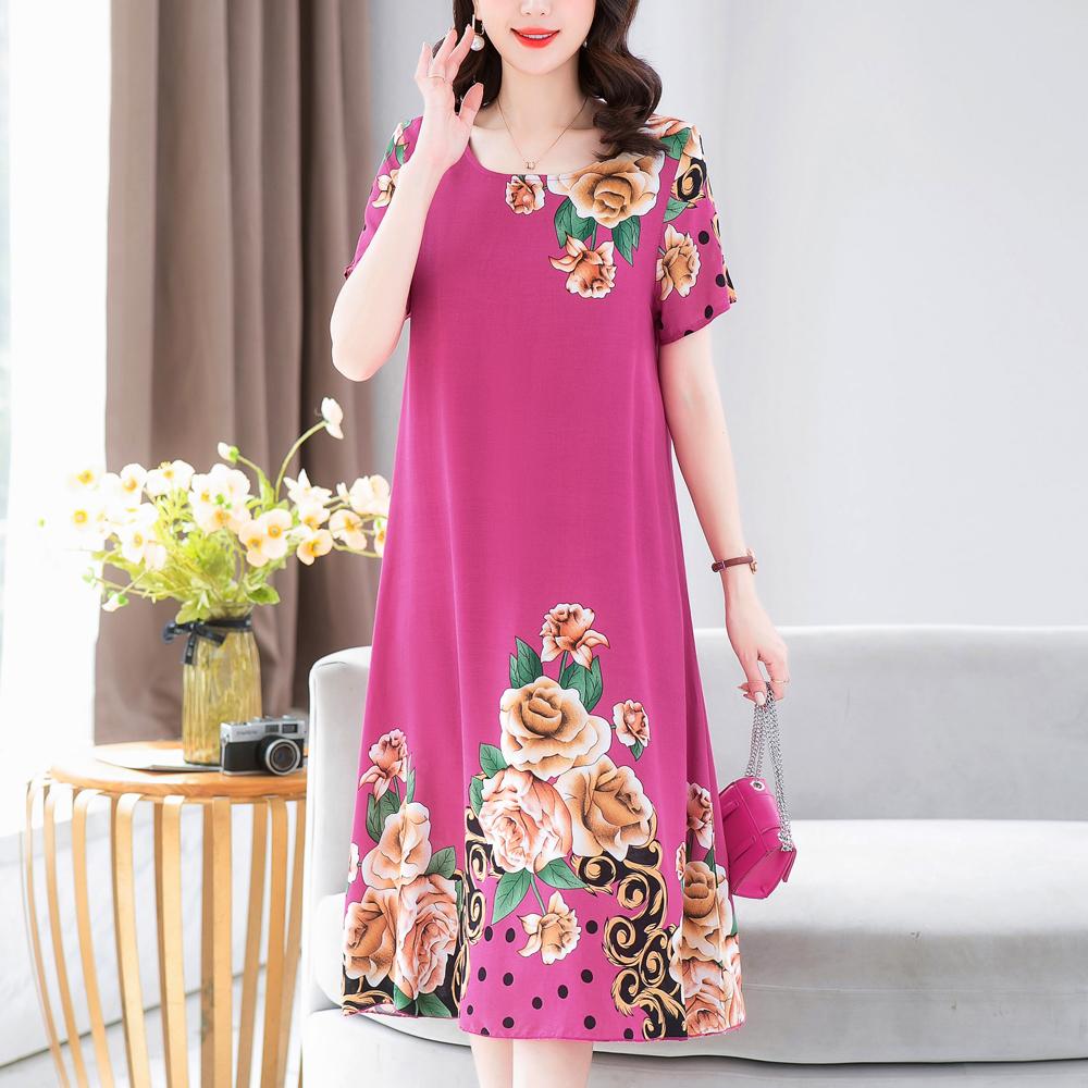 Dle Aged Mother Wearing Cotton Silk Dress Summer Dress for Long Vintage Loose Women Elegant Short Sleeve Casual O-neck Dresses Print Woman Clothing