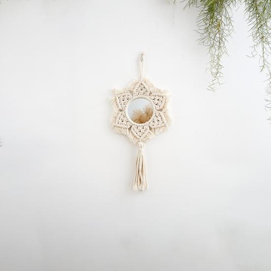Hand Knitted Hanging Wall Mirror, Boho Fringe Round Mirror, Handmade Flower Shape Decorative Mirror for Farmhouse Apartment Living Room Bedroom Home