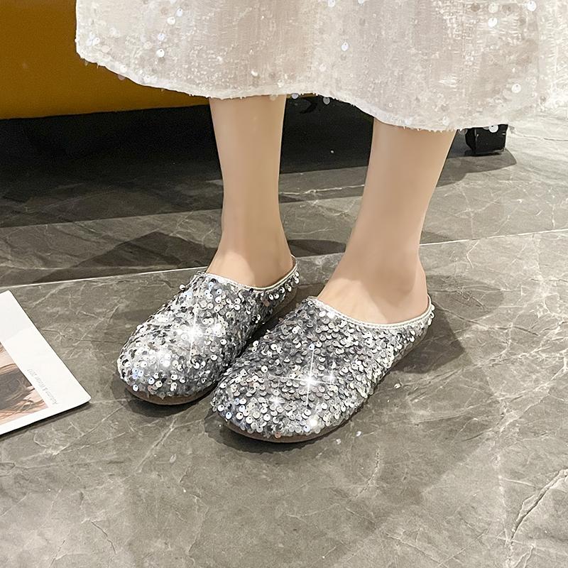 Fashion Sequined Toe Half-slipper Women's Outerwear 2025 Autumn French Style with Skirt Flat Lazy Large-sized Flip-flops