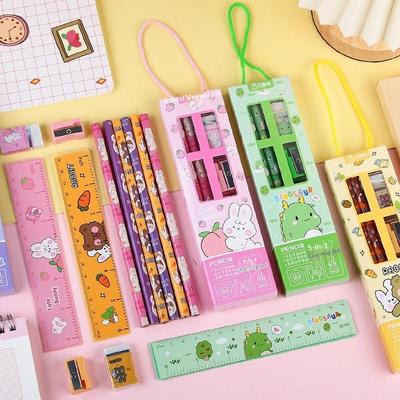 5 In 1 Pencil Set Portable Stationery Prize Cute Cartoon Stationery Gift Box Set School Supplies Writing Tool Stationery Set
