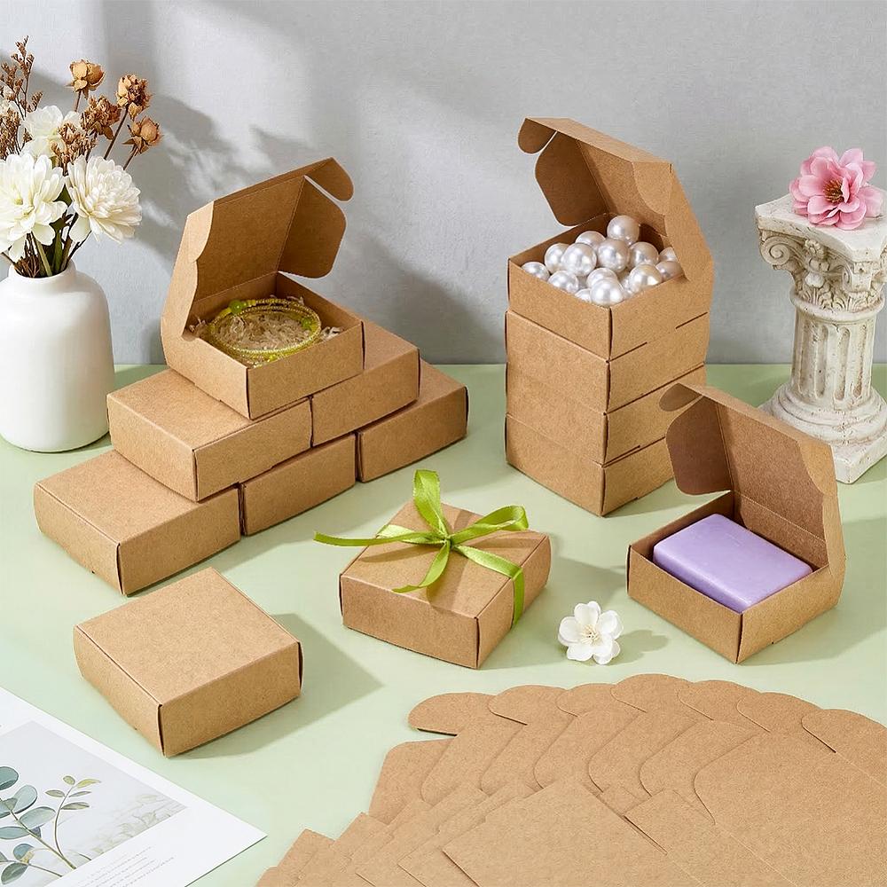 100pcs Kraft Paper Box Folding Box Square Tan 8.5x8.5x3.5cm