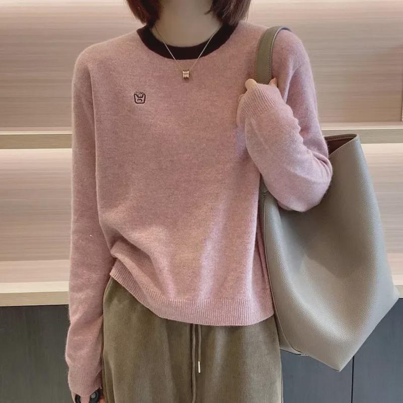 Women's Fashionable Embroidered Contrast Color Round Neck Sweater for Spring and Autumn
