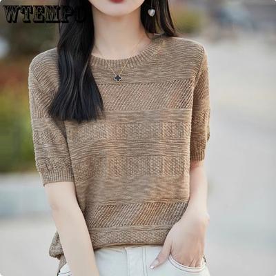 Women's Cotton Short Sleeve T-shirt Low Round Neck Hollow Knitted T-shirt Fashion Half Sleeve Top
