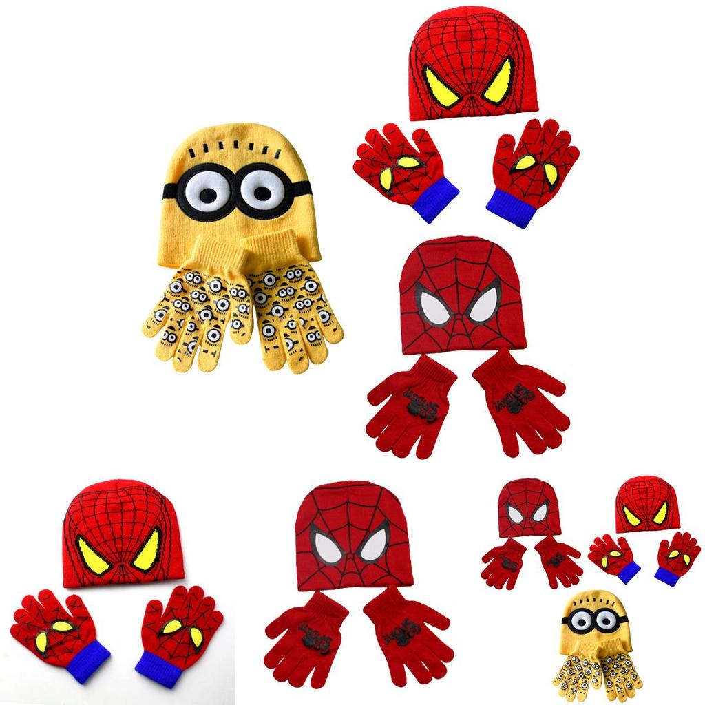 Stylish Children's Spiderman Minions Knitted Hat And Gloves Winter Warm Suit