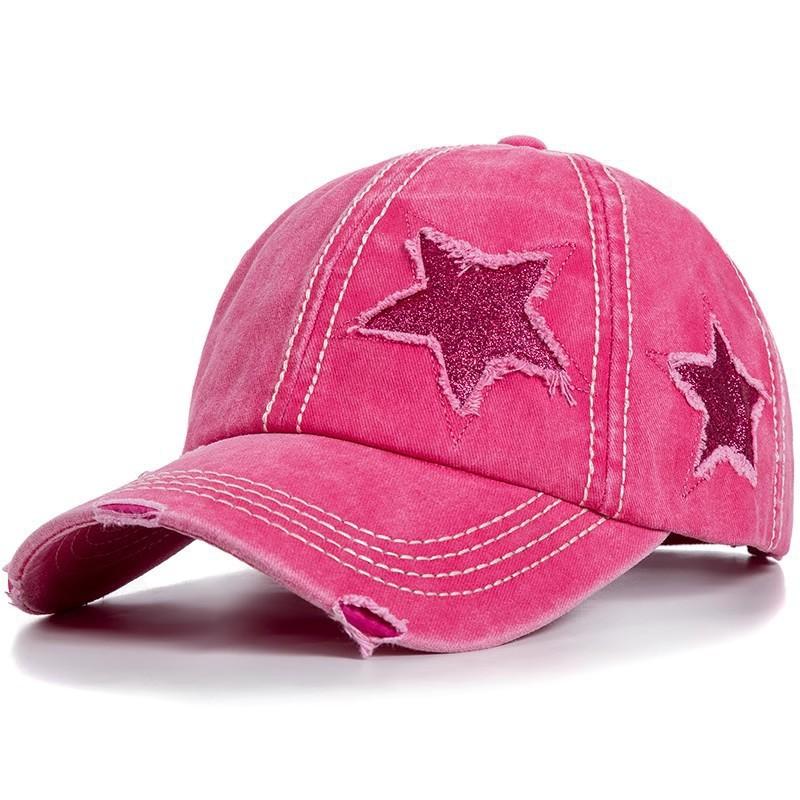 Foreign Trade New Pure Cotton Washed Ponytail Cracked Five-pointed Star Baseball Cap European/American Tide Curved Brim Ponytail Cap