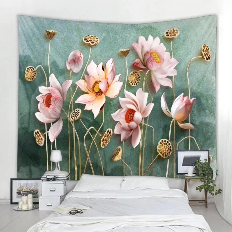 Home art decoration lotus leaf tapestry wall hanging bohemian hippie small fresh tapestry yoga mat large beach towel