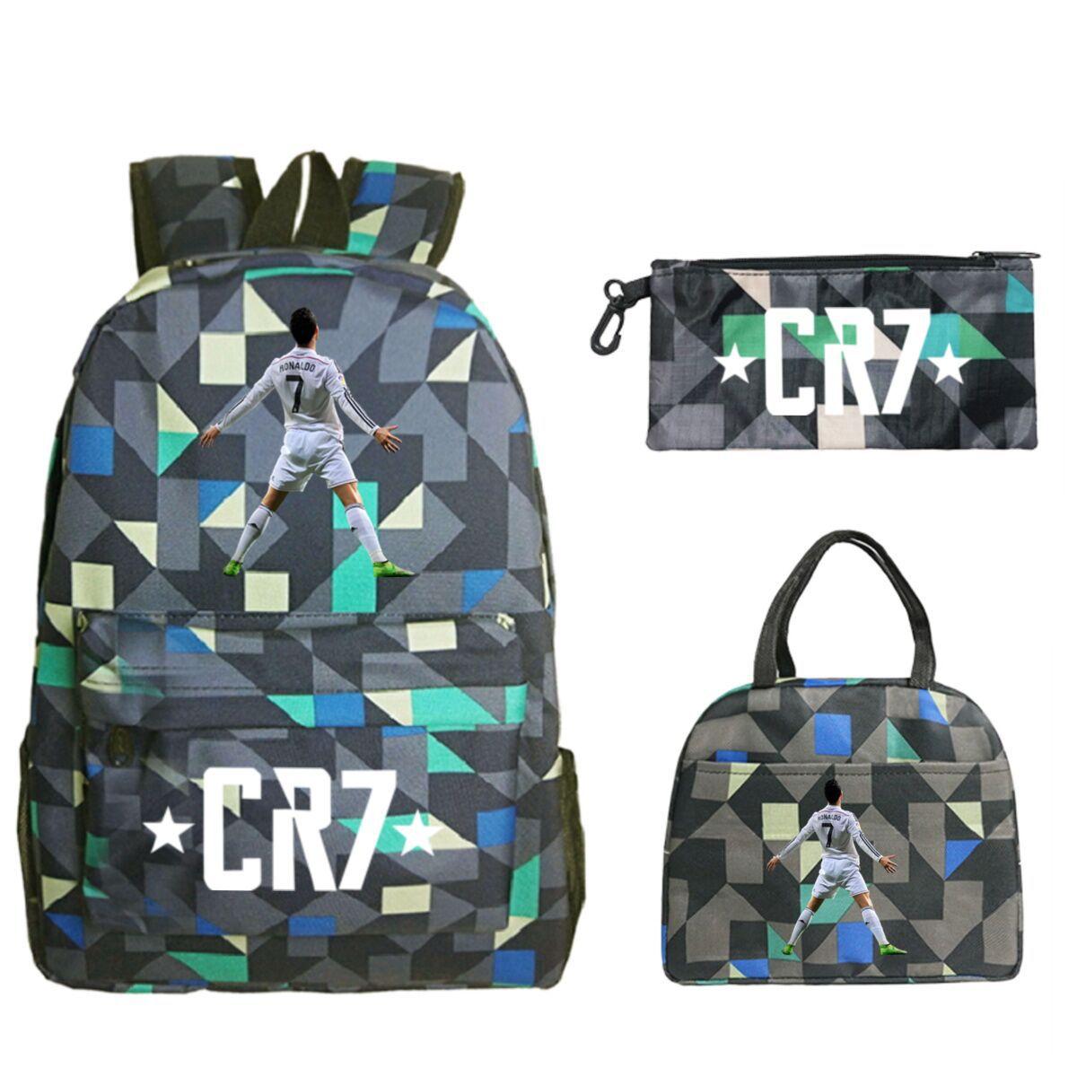 Girlsiii Shoes Unisex Kids Black Cristiano Ronaldo Peripheral Cr7 Printing Children's Backpack Star Printing Student Schoolbag Meal Bag Pencil Bag Three-Piece Set