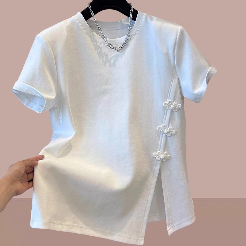 

Женская летняя хлопковая футболка - большой размер, нестандартный китайский стиль с отделкой снизу и разрезом 3XL белый