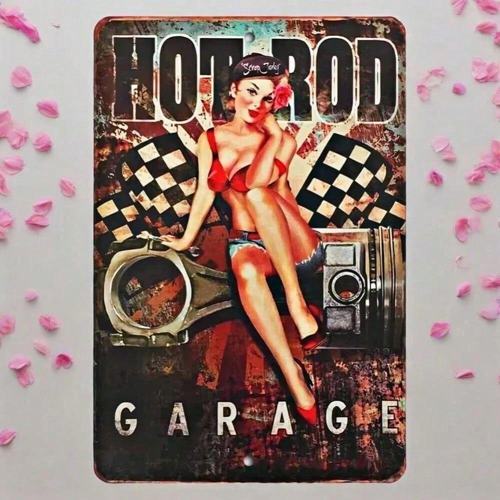 Vintage Pin Up Girl Metal Sign, Retro Race Car Wall Decor for Garage Man Cave