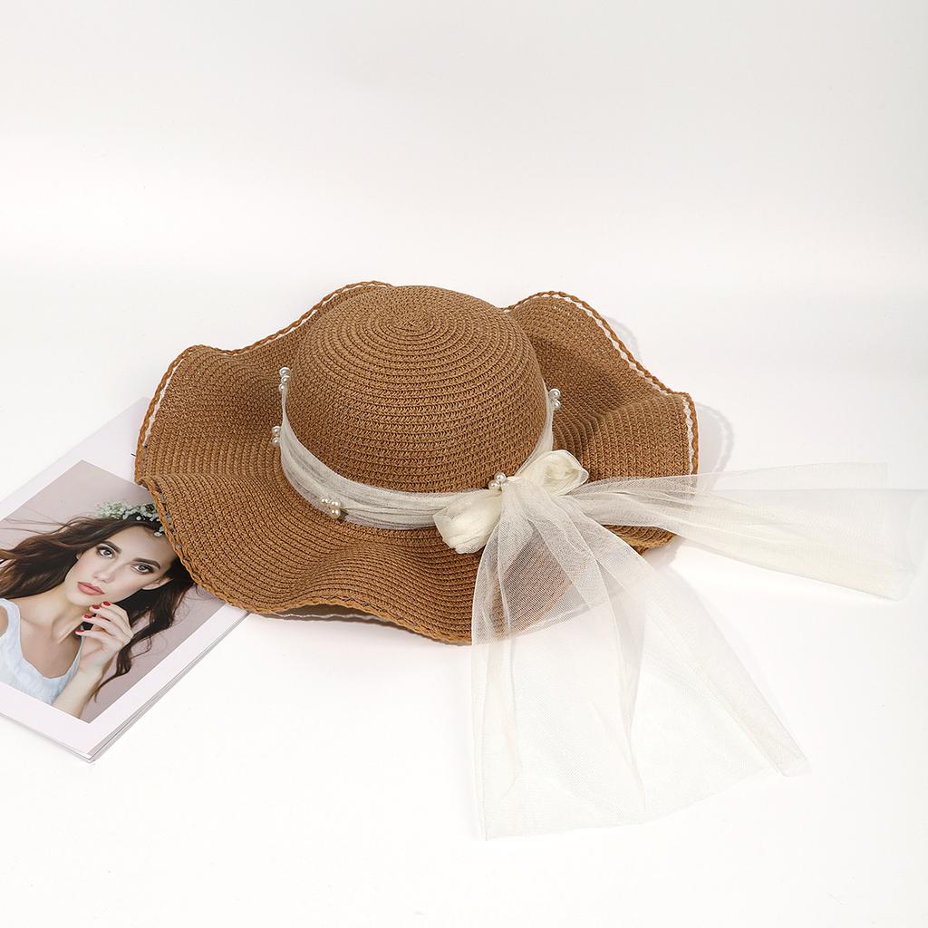 Lace pearl bow straw hat women's summer seaside beach vacation sunshade sun hat wide brim sunshade