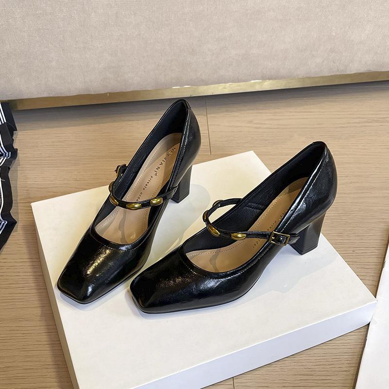 High heels women's square head thick heel commuting single shoes simple and versatile one-word belt beautiful single shoes