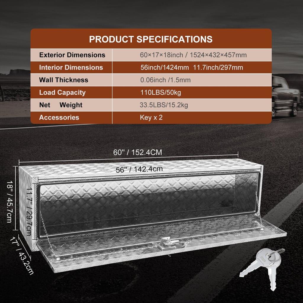 Underbody Truck Box, 60"×17"×18" Pickup Storage Box, Heavy Duty Aluminum Diamond Plate Tool Box with Lock and Keys, Waterproof Trailer Storage Box