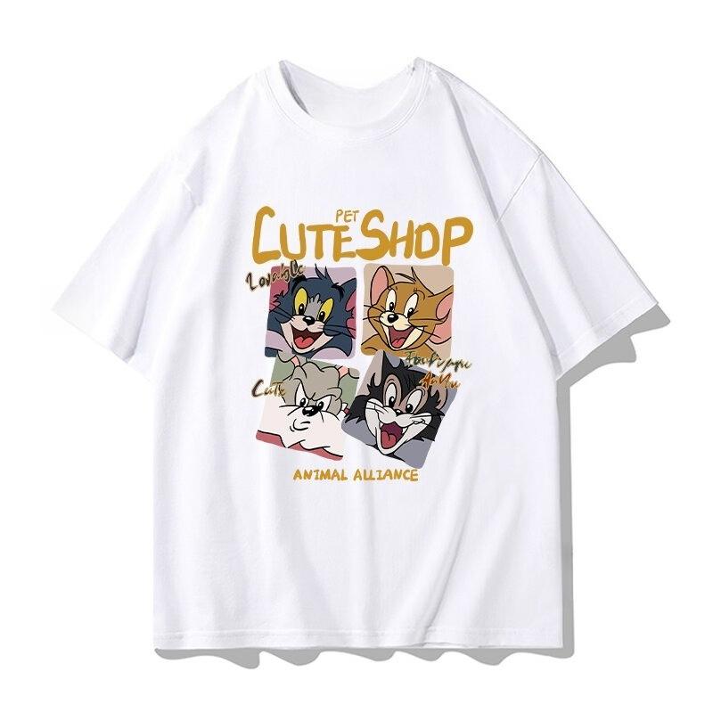 2026 Summer Comic Form Tom and Jerry Image 100 Cotton Printed Oversize Casual Tshirt Adult Children Parentchild Top Homewear