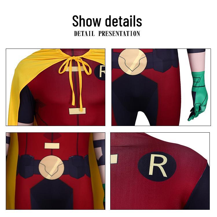 Teen Titans Robin Cosplay Costume Set with Batman Cape for Halloween or Stage Performances.