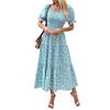 Floral dress summer new French square neck long dress bubble sleeve medium and long A-shaped skirt gentle wind skirt