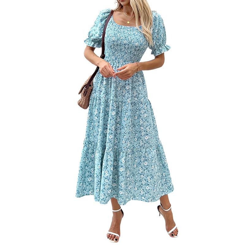Floral dress summer new French square neck long dress bubble sleeve medium and long A-shaped skirt gentle wind skirt