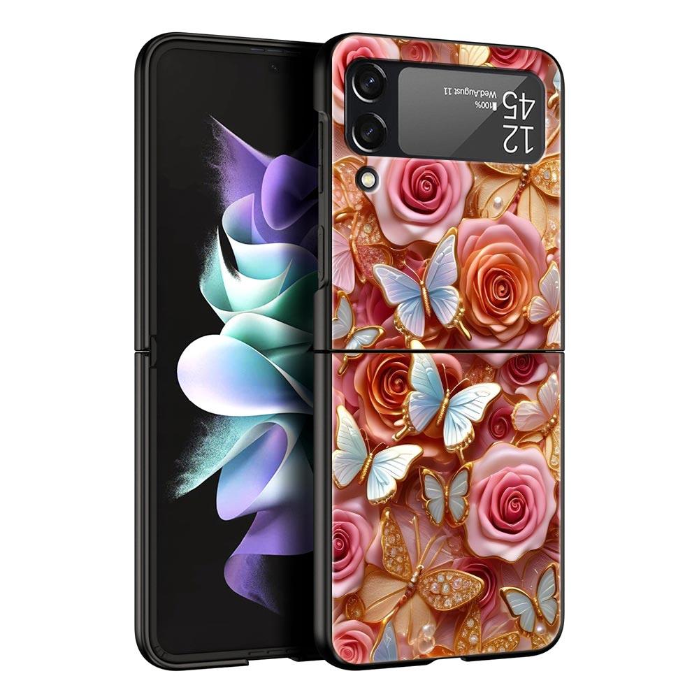 Fashionable Butterfly Flower Pattern Hard PC Phone Case For Samsung Galaxy Z Flip 7 6 5 4 Black Bag For Galaxy Z Flip 3 Foldable