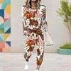 Women Plus Size White Halloween Ghost Printed Round Neck Long Sleeve Cuffed Two Piece Pants Set With Pockets