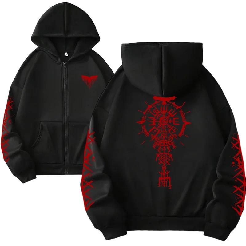 Autumn Winter Casual Fashion Warm Coat Streetwear Oversize Y2k Tops Women Zipper Hoodie Viking Raven Print Sweatshirt