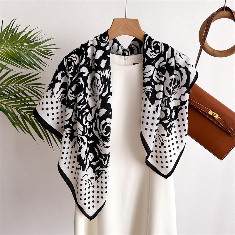 Polka Dot Camellia 90 Imitation Silk Large Square Scarf Shawl Commuting Versatile Printed Herringbone Scarf Headscarf Women