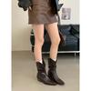High-heeled boots retro stacking boots V-mouth Martin boots women's shoes 2025 autumn and winter new brown pointed short boots