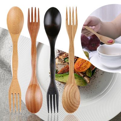 New Dinner Tableware Natural Wood Spoon Fork 2 In 1 Dual Head