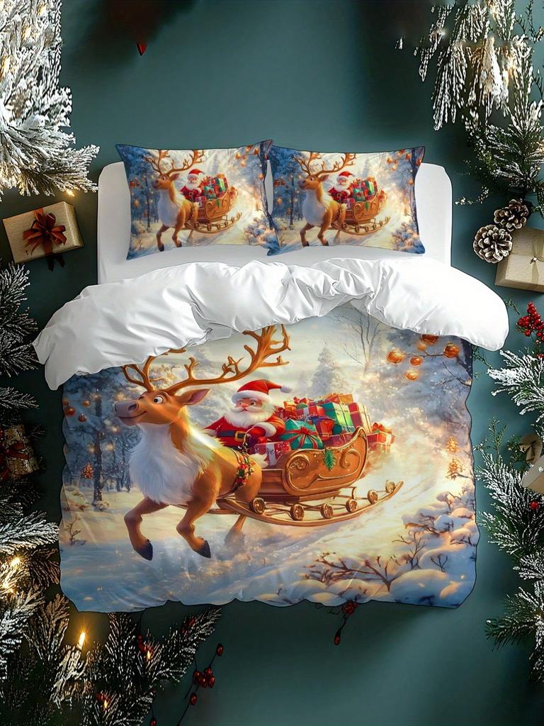 2/3ks Vánoční stromek Dárek Vzor sněhové vločky Sob Santa Claus Měkká sada povlaku na peřinu Vhodná do ložnice, pokoje pro hosty