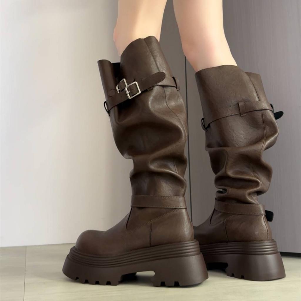 Retro fashion pants boots women's 2025 autumn new thick-soled round head heightening stacking boots but knee boots women